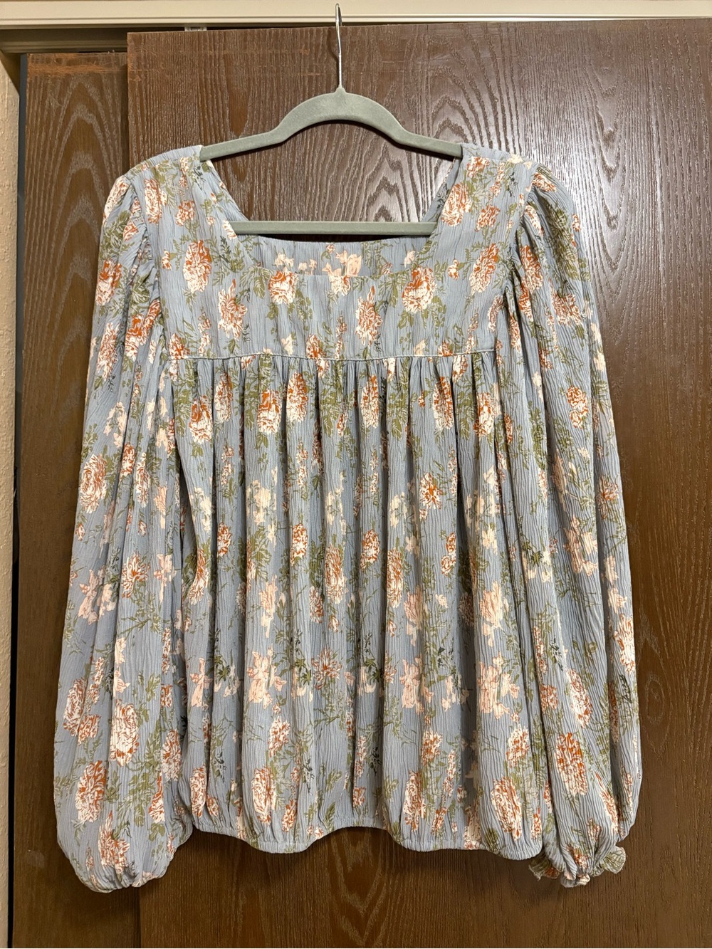 Altar'd State Dusty Blue Floral Square-Neck Puff Sleeve Blouse